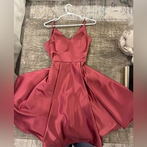 JJs House Burgundy Satin A-Line Spaghetti Strap Dress
